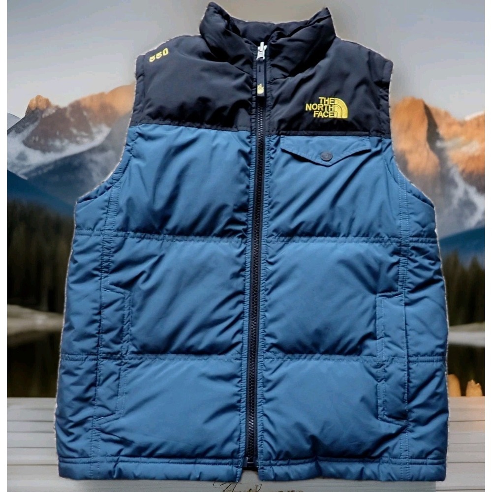 The North Face Puffer Vest Boys XL Blue Black Excellent 550 Down‎ Insulated